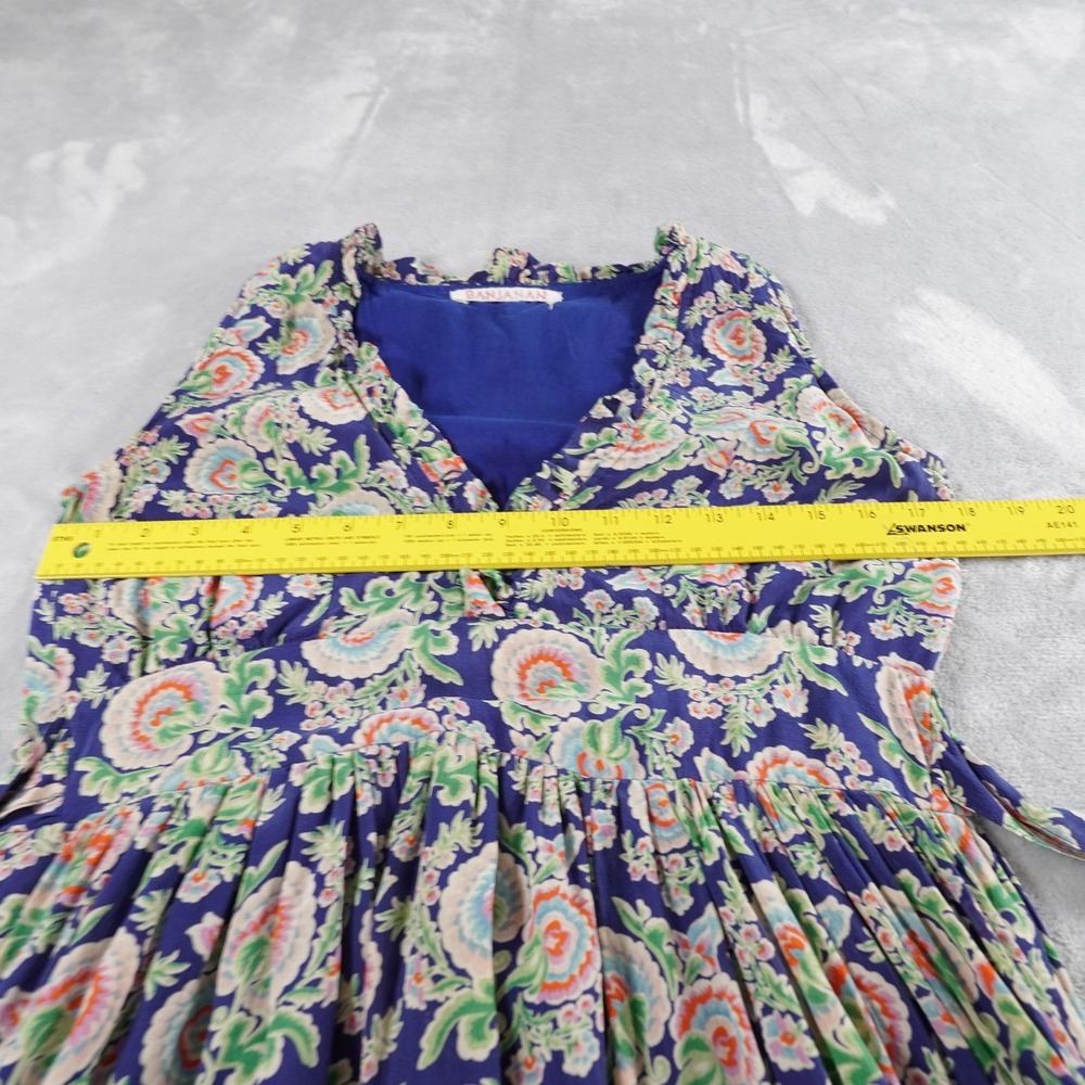 Banjaran Floral Silk Dress Womens XS Blue Knee Length Ruffle Full Skirt Tie Back - Picture 7 of 14